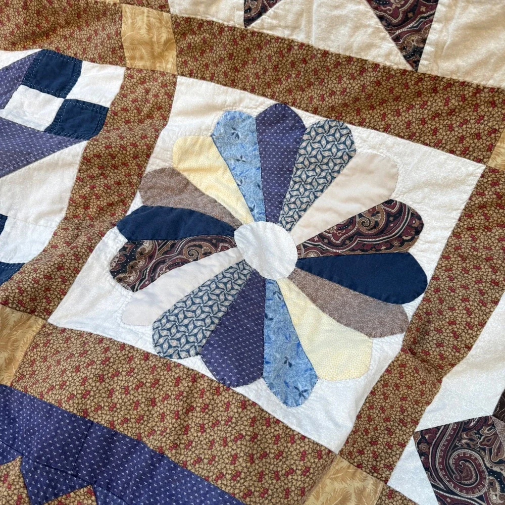 Vintage Patchwork Sampler Quilt Blanket Blue Brown Cotton Star Paisley Americana